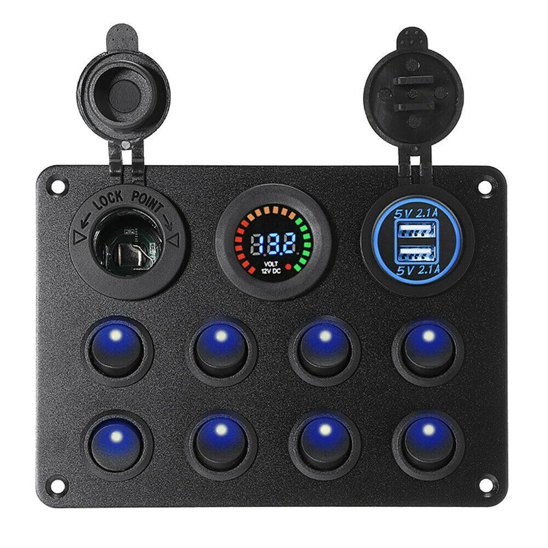 8 Gang 12V Switch Panel ON-OFF Toggle Rocker 2 USB