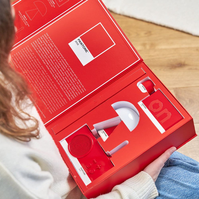 Lexon GIFT Set PANTONE - Includes Mino+ Mini Speaker, Flip Classic Clock, Mina M Lamp, Thykho 3  Speaker - 2035 Red
