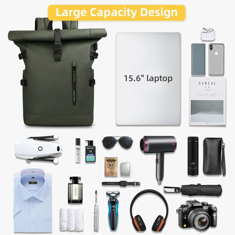 Expandable Waterproof Backpack Roll-Up Design with USB Charging Port Green