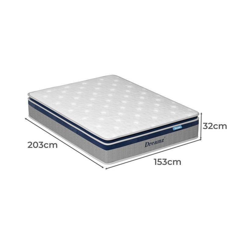 DreamZ Spring Mattress Pillow Top 7 Zone Pocket Spring Memory Foam 32cm Queen
