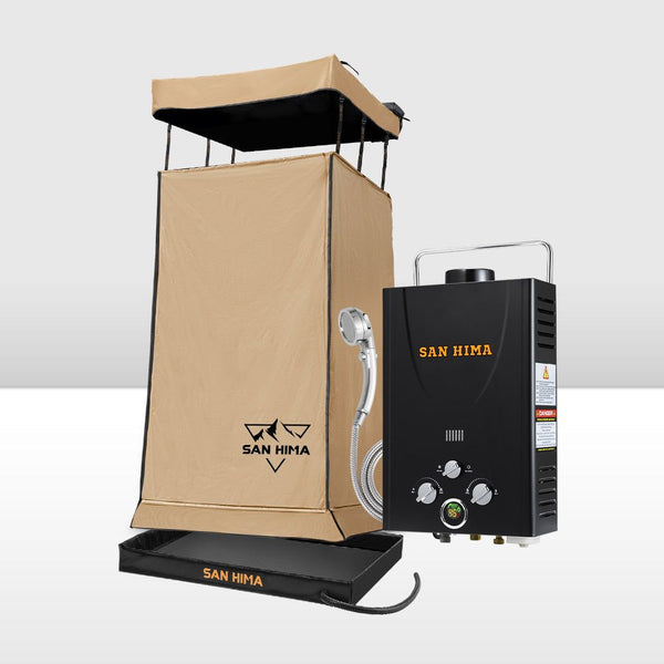 San Hima Camping Shower Tent Brown &Gas Hot Water Heater Black &Shower Tent Base