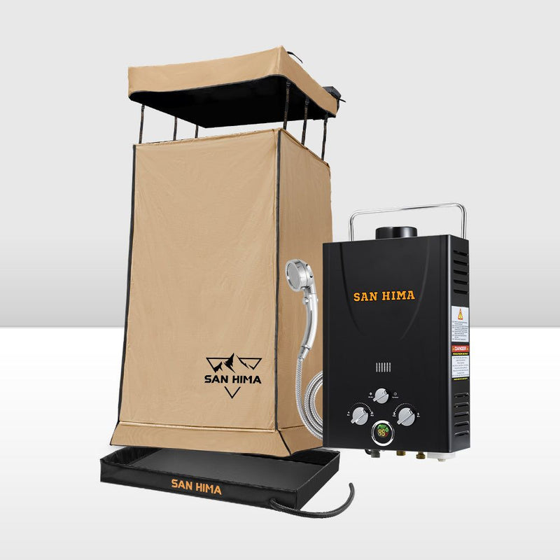 San Hima Camping Shower Tent Brown &Gas Hot Water Heater Black &Shower Tent Base