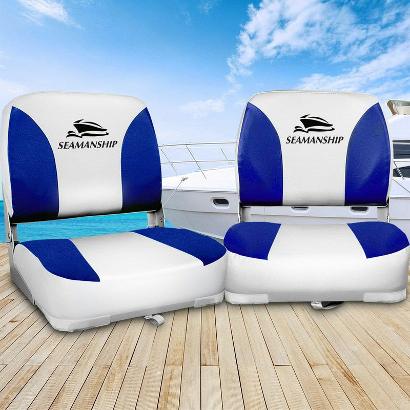 Set of 2 Folding Swivel Boat Seats - White & Blue