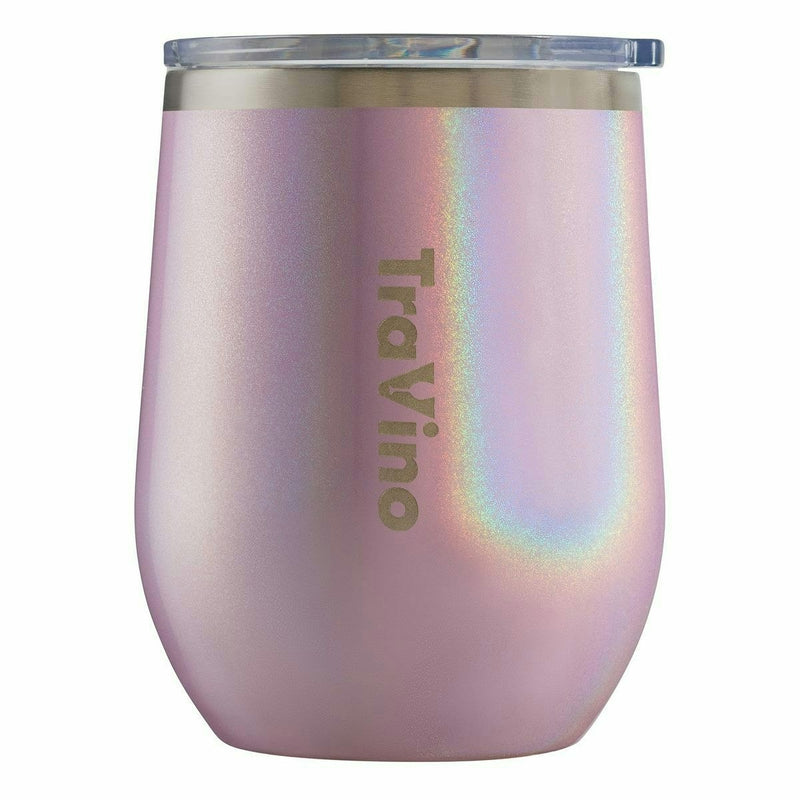 TraVino Vacuum Insulated Stemless Glitter Iridescent Wine Glass Cup Camping Hiking PINK