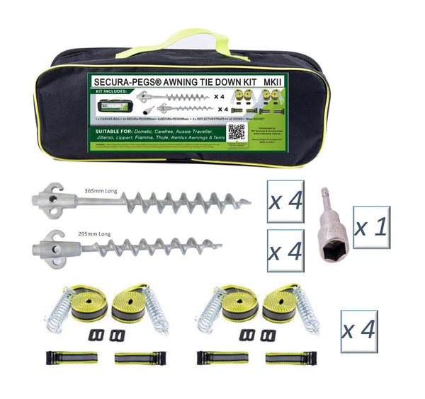 Secura-Pegs® NEW Awning Tie Down Kit Mk11 with Screw in Pegs Tents Camping