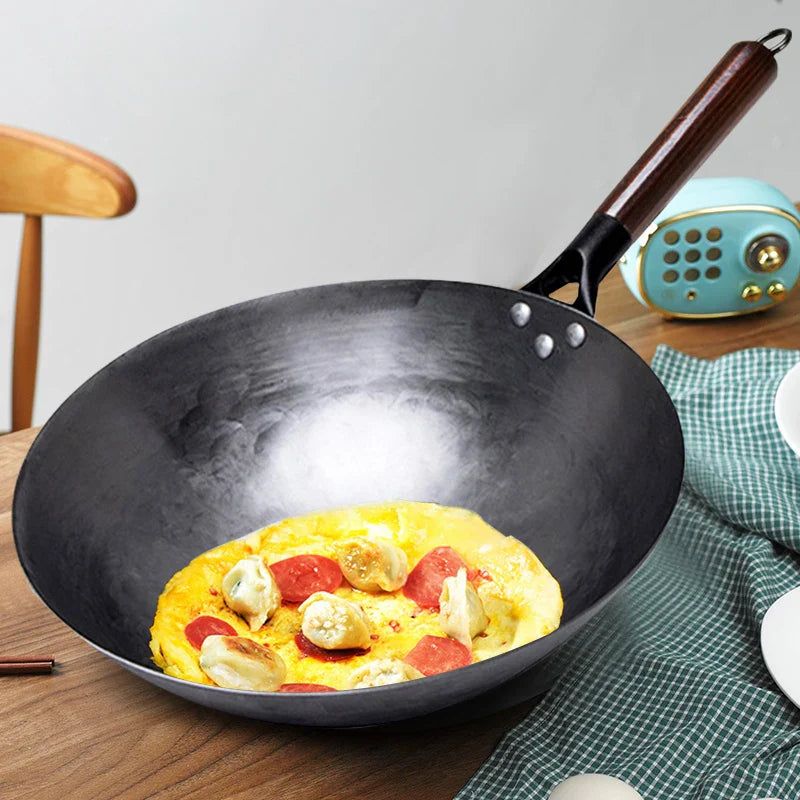 32cm Hand-Forged Iron Wok Pure Iron Non-Coated Stir Fry Pan Brown
