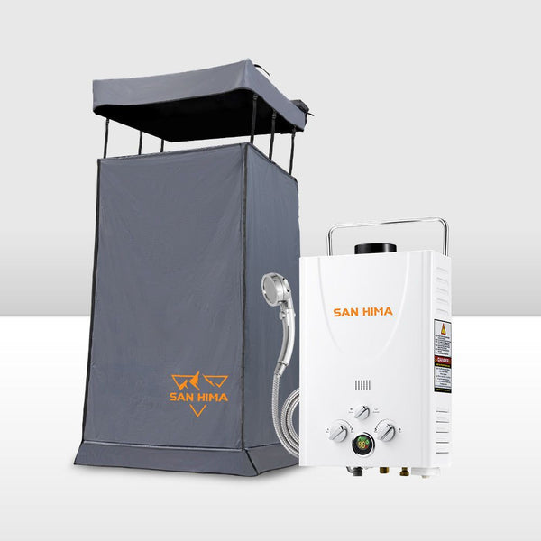 San Hima Camping Shower Tent Awning Fold-Out & 8L Gas Hot Water Heater