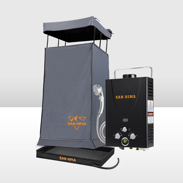 San Hima Camping Shower Tent Grey & Gas Hot Water Heater Black &Shower Tent Base