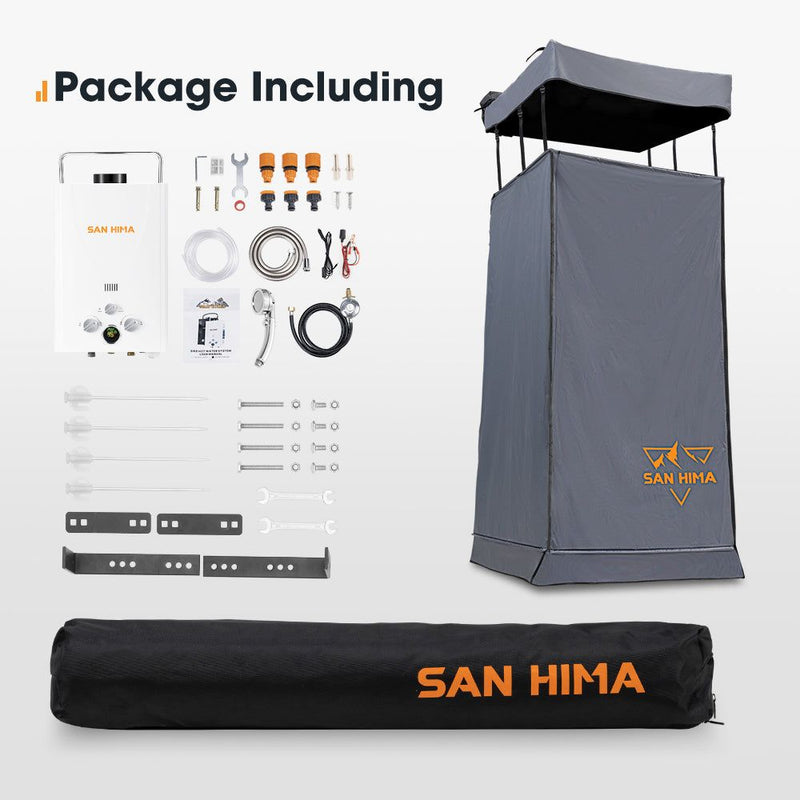 San Hima Camping Shower Tent Awning Fold-Out & 8L Gas Hot Water Heater