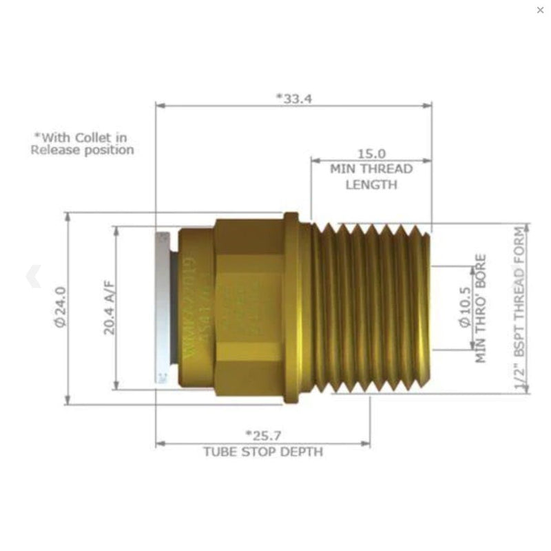 John Guest 12mm Male Brass Adaptor (WM) - NC2771