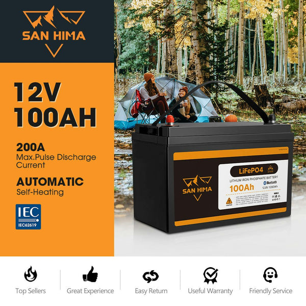 San Hima 12V 100Ah Lithium Iron Phosphate Battery LiFePO4 w/ Self-heating Function & Bluetooth