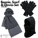 3pc Mens Black Winter Set - Fleece Balaclava, Knit Scarf & Thinsulate Gloves