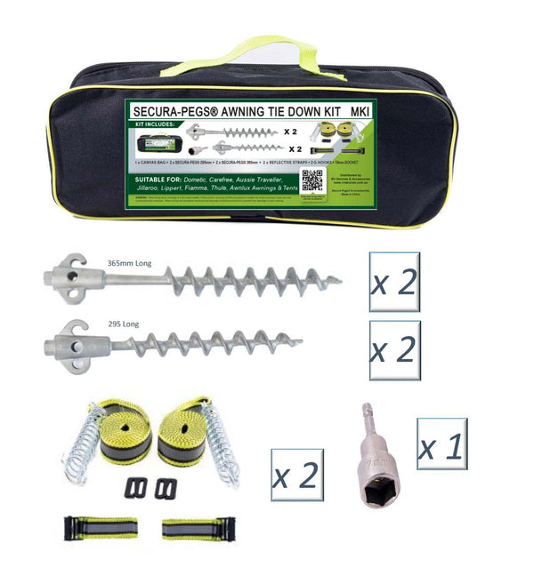 Secura-Pegs® NEW Awning Tie Down Kit Mk1 with Screw in Pegs Tents Camping