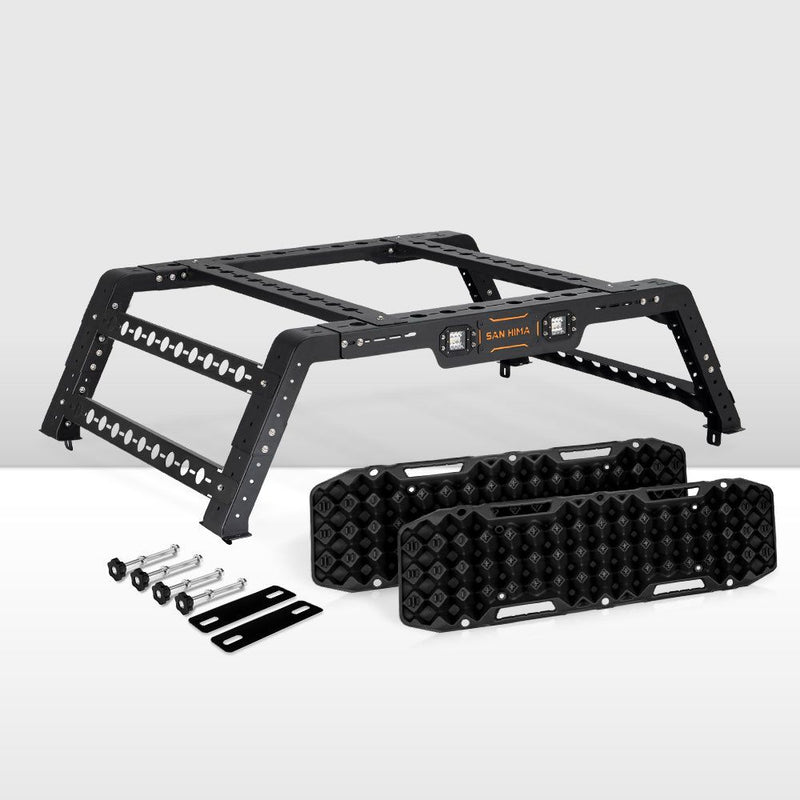 San Hima Universal Ute Tub Rack Steel 3mm + Pair Recovery Tracks Board Black