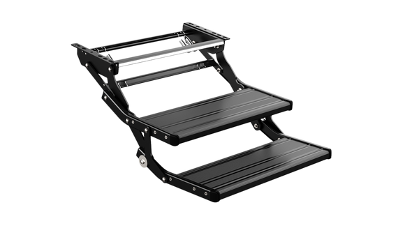 On the road RV Double Folding Manual Step with LED Light Black