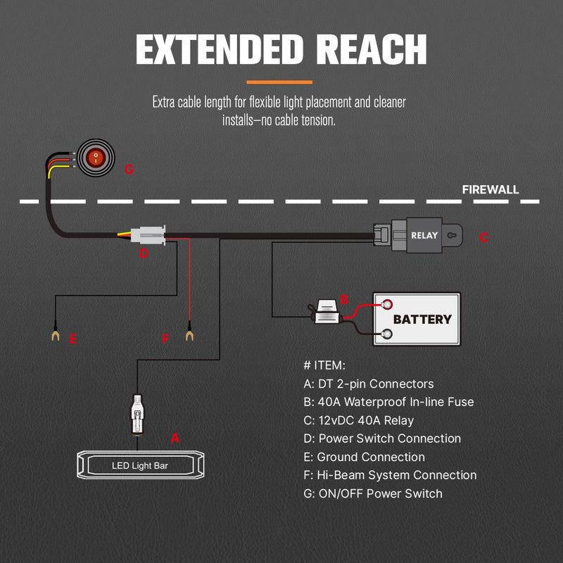 Lightfox 1 Way High Beam Wiring Harness w/ DT 2-Pin Connector For LED Light Bar