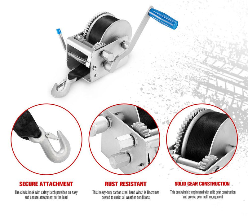 FIERYRED Hand Winch 3000kg/6615lbs 3 Speed 8m Webbing Strap Car Boat