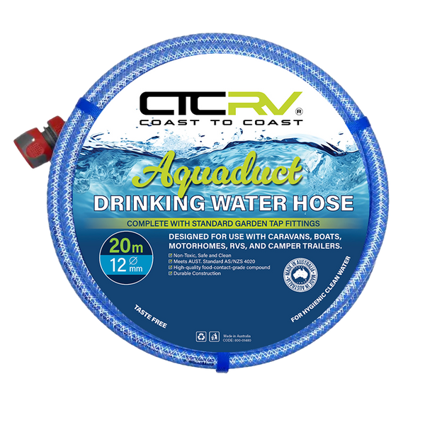 COAST RV Aquaduct 20m Blue Drinking Water Hose with Kit Fittings - 12mm