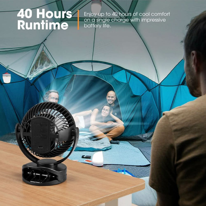 San Hima 10000mAh Portable Camping Fan Clip On Fan Rechargeable With LED Light