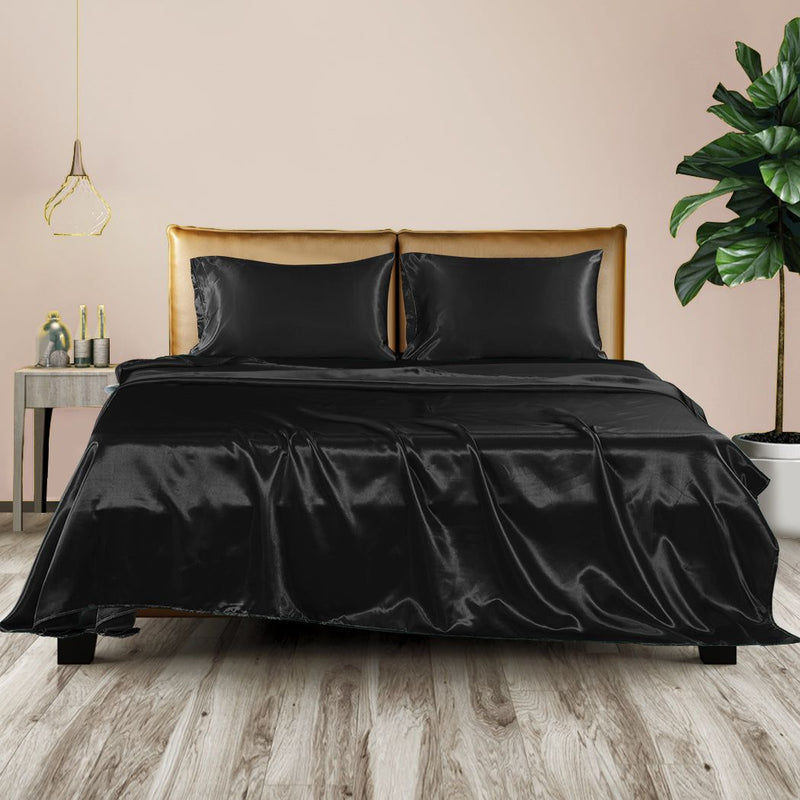 Dreamz Silky Satin Sheets Fitted Flat Bed Sheet Pillowcases Summer Double Black