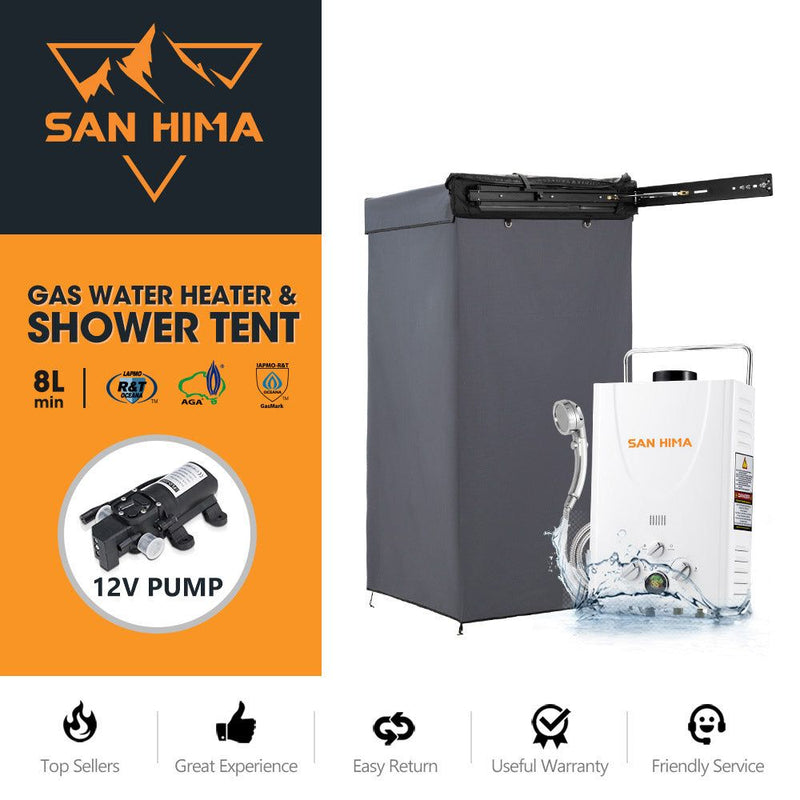 San Hima Shower Awning Tent Instant Fold-Out Ensuite & 8L Gas Hot Water Heater
