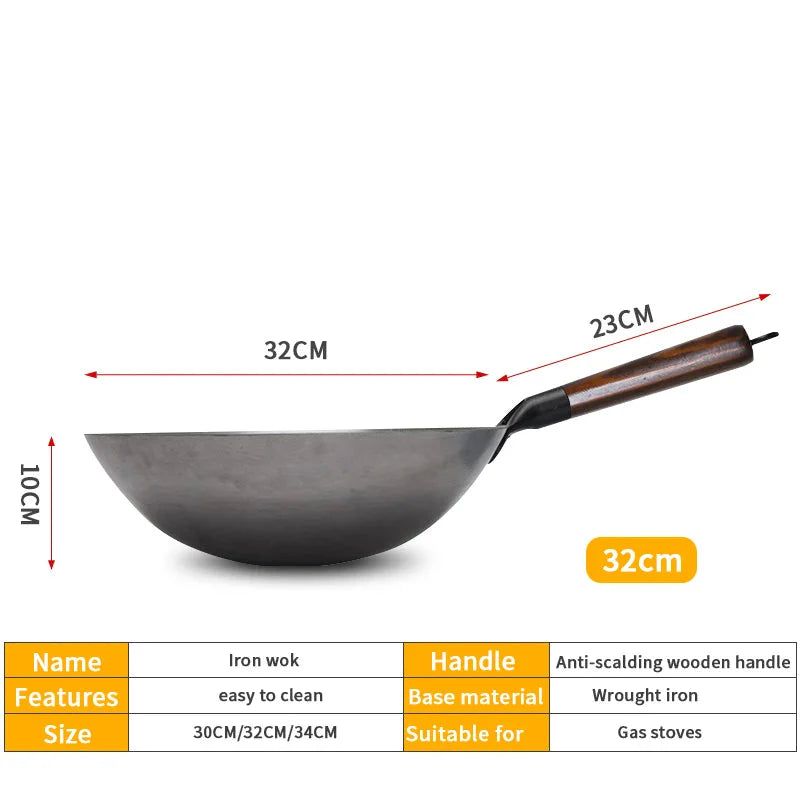 32cm Hand-Forged Iron Wok Pure Iron Non-Coated Stir Fry Pan Brown
