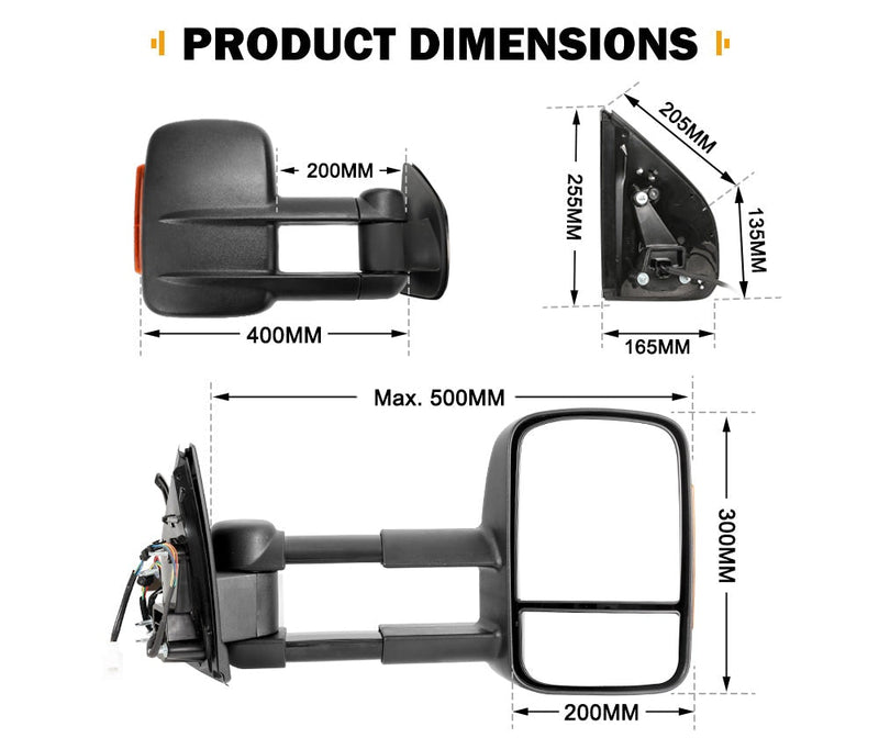 Pair Extendable Towing Mirrors for Holden Colorado7 MY2013-MY2016 Black Pair