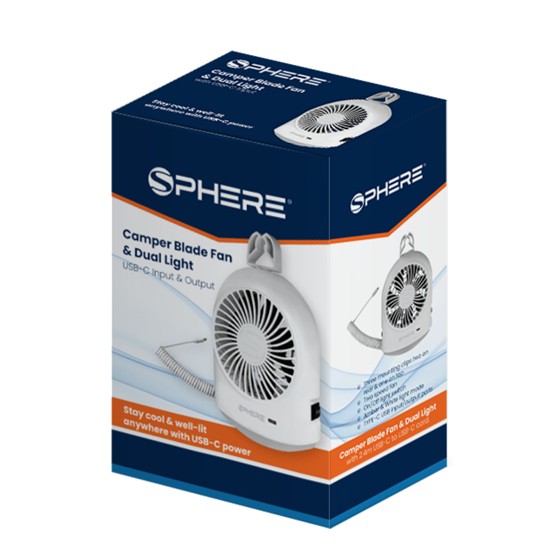 SPHERE Camper Blade Fan & Dual Light with USB-C Input | USB-C Cord Inc.