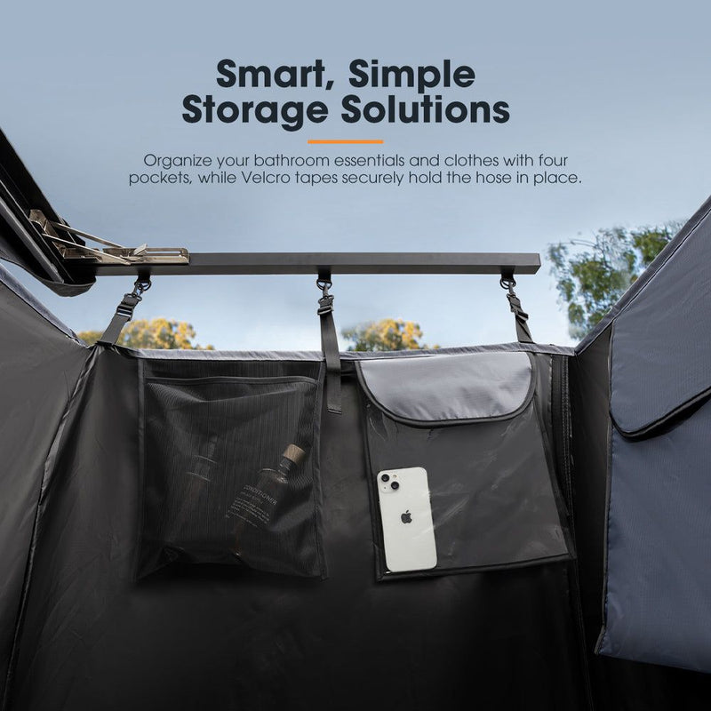 San Hima Camping Shower Tent Awning Fold-Out & 8L Gas Hot Water Heater