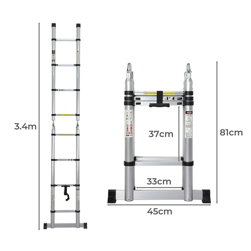 Traderight 3.4m Folding Multi Purpose Ladder 8 Step Extension Ladder Aluminium