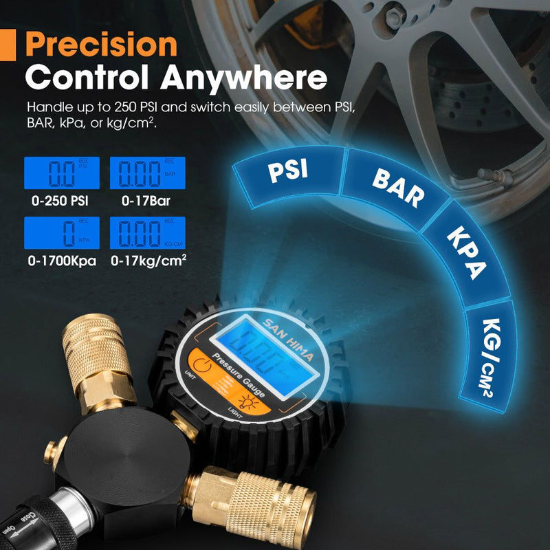 San Hima 4-Way Digital Tyre Inflator Car Air Compressor 250 PSI Tire Gauge Hose