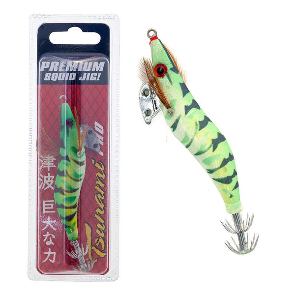 3.5 Inch Tsunami Pro Squid Jig Lure with Holographic Red Eyes - Fish Skin Green