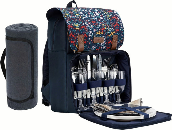 Insulated Picnic Backpack Set for 4 with Blanket