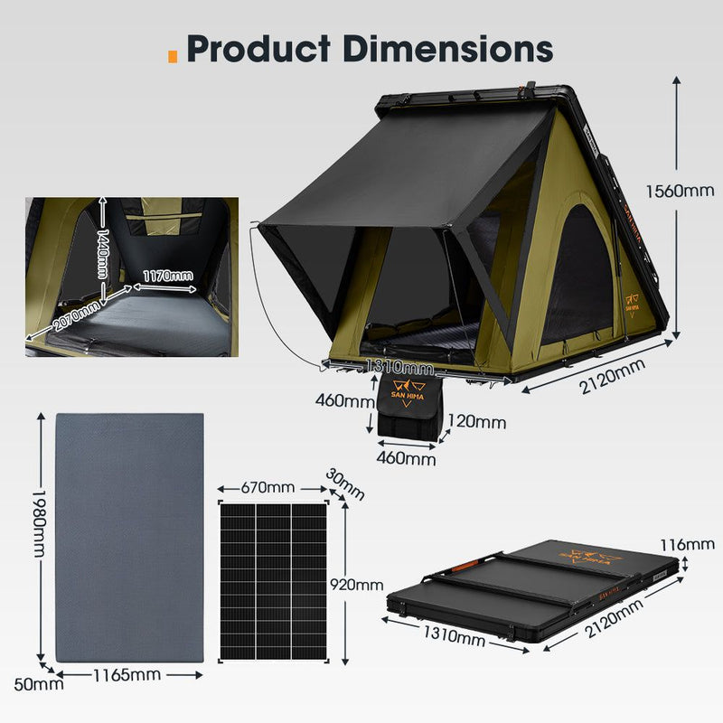 San Hima Kalbarri Lite Rooftop Tent Hardshell Olive+130W Solar Panel+Ladder&Rack