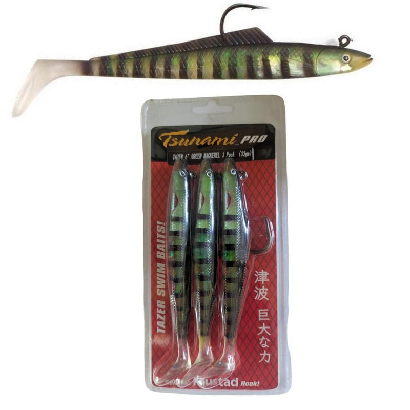 3 Pack of 6 Inch Rigged Tsunami Tazer Swim Bait Soft Plastics - Green Mackerel