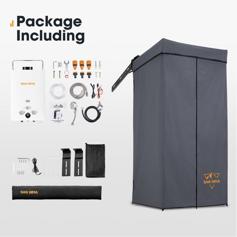 San Hima Shower Awning Tent Instant Fold-Out Ensuite & 8L Gas Hot Water Heater
