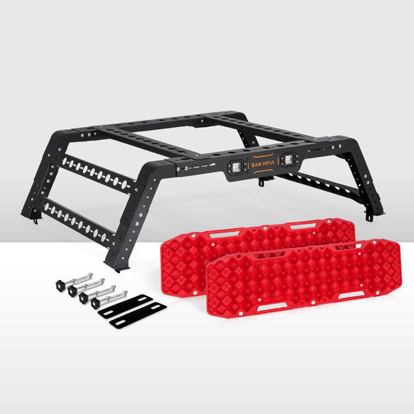 San Hima Universal Ute Tub Rack Steel 3mm + Pair Recovery Tracks Board Red