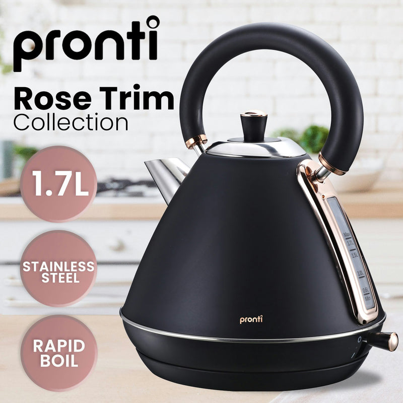 Pronti Rose Trim Collection Toaster & Kettle Bundle - Black