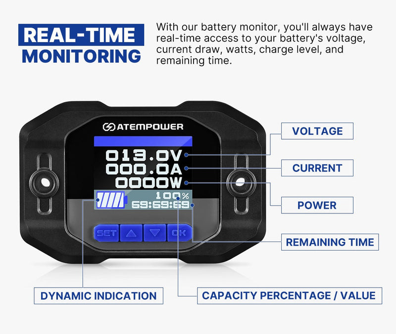 Atem Power Battery Monitor With Shunt High Low Voltage 500A Wire 12V Battery