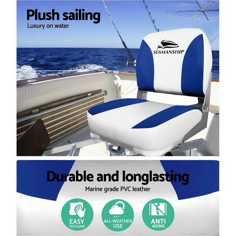 Set of 2 Folding Swivel Boat Seats - White & Blue