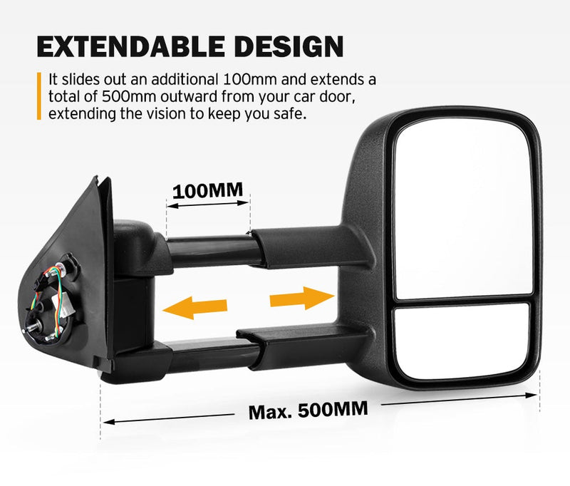 Pair Extendable Towing Mirrors for Toyota HILUX 2015-ON N80 Black