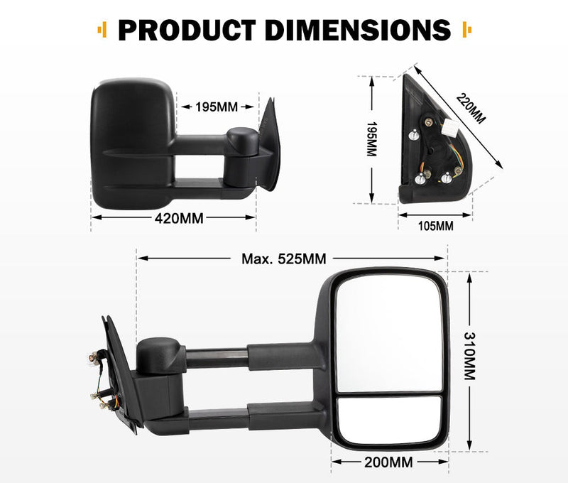 San Hima Pair Extendable Towing Mirrors Fit Ford Ranger 2009-2011