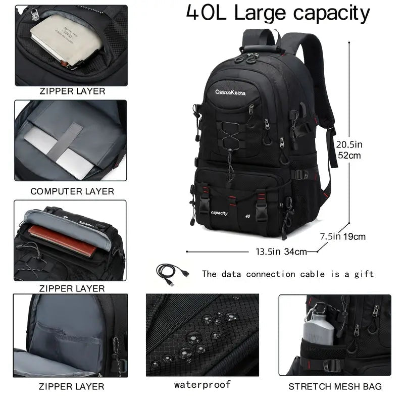 Rugged Explorer Waterproof Travel Backpack - Black