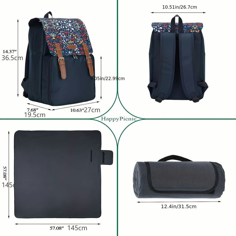 Insulated Picnic Backpack Set for 4 with Blanket