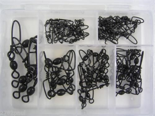 60 x Surecatch Assorted Black Crane Swivels with Coastlock Snaps in Tackle Box