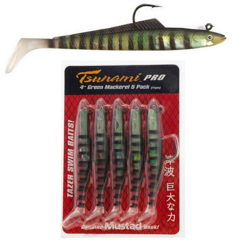 5 Pack of 4 Inch Rigged Tsunami Tazer Swim Bait Soft Plastics - Green Mackerel