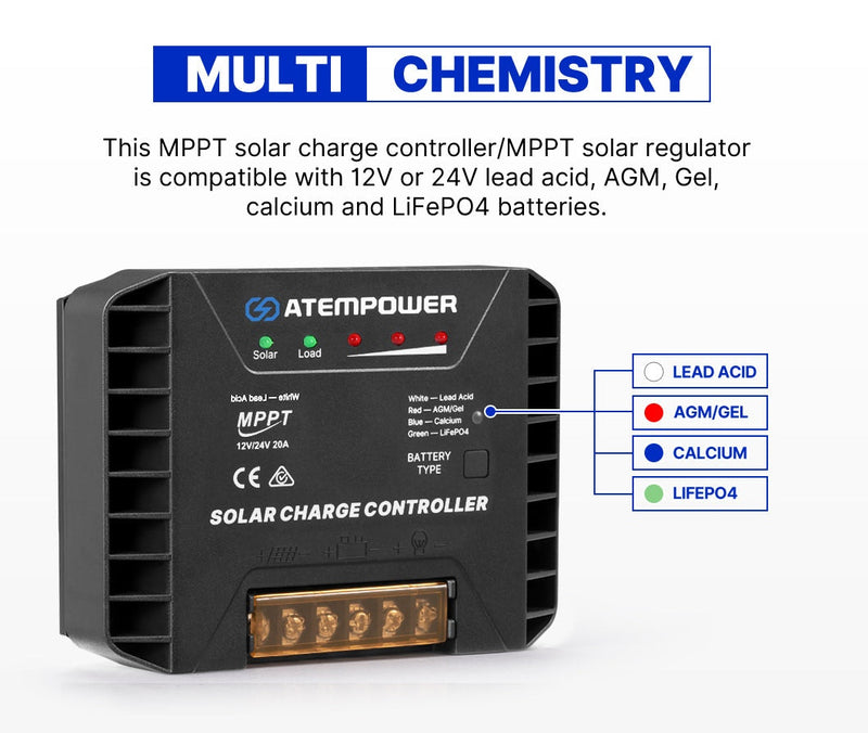 ATEM POWER 20A MPPT Solar Charge Controller  Regulator 12V/24V Lithium Compatible