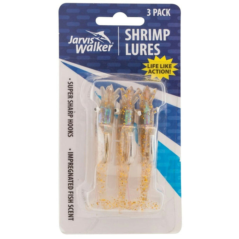 3 Pack of Rigged Jarvis Walker Scented Shrimp Soft Body Lures-Clear Gold/Glitter