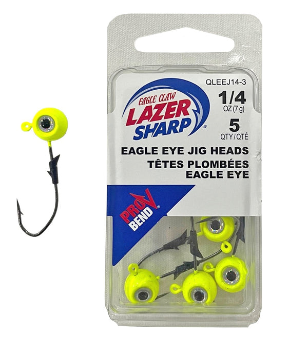 5 Pack of Chartreuse 1/4oz Eagle Claw Lazer Sharp Eagle Eye Size 3/0 Jig Heads