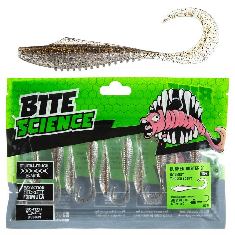 10 Pack of 3 Inch Bite Science Bunker Buster Soft Plastic Lures - UV Smelt